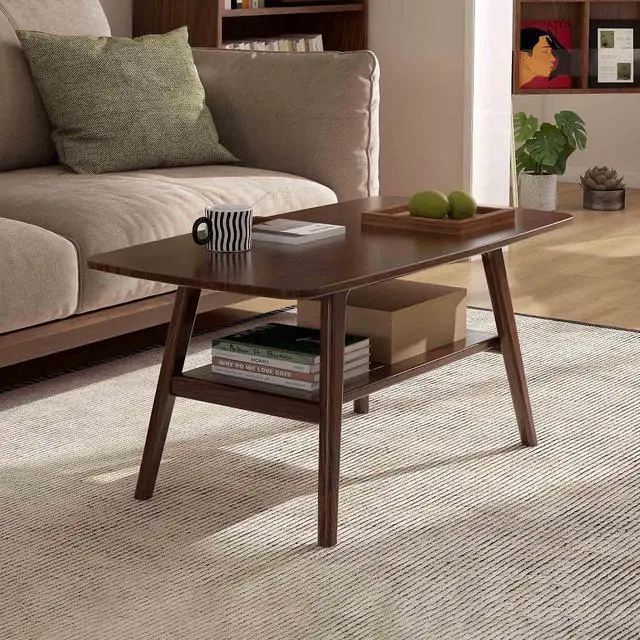 Main image of 100% Solid Wood Coffee Table for Living Room, 39.37" Mid Century Modern Tables with Shelf Storage, 2-Tier Coffee Table with Rounded Corners (Oak Wood Walnut Color, 39.37" L)