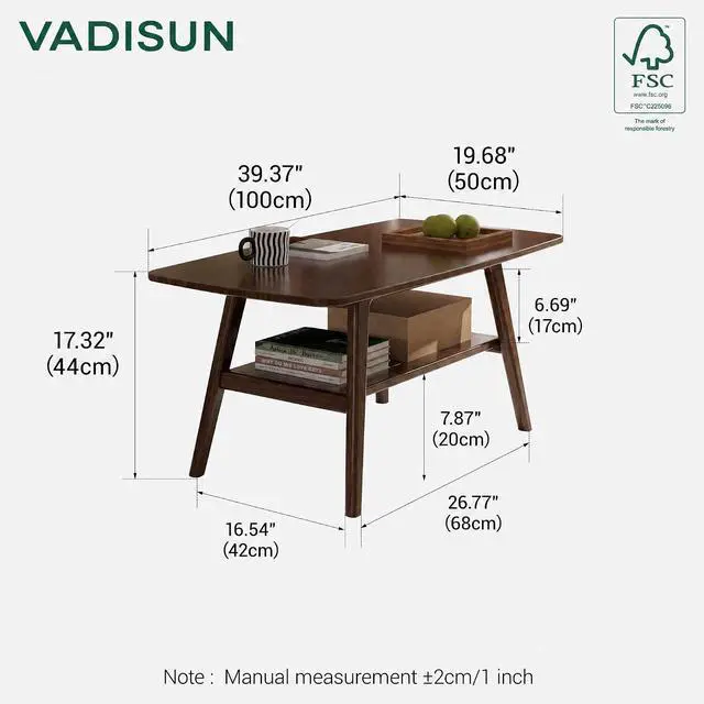 Alt view image 2 of 7 - 100% Solid Wood Coffee Table for Living Room, 39.37" Mid Century Modern Tables with Shelf Storage, 2-Tier Coffee Table with Rounded Corners (Oak Wood Walnut Color, 39.37" L)