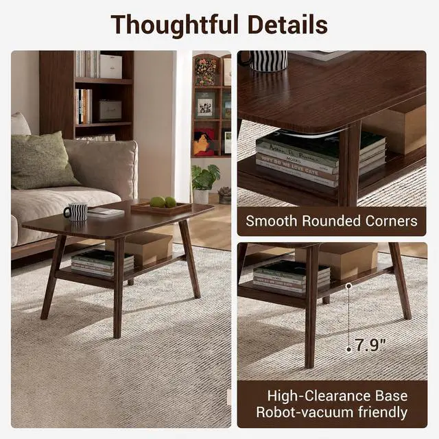 Alt view image 5 of 7 - 100% Solid Wood Coffee Table for Living Room, 39.37" Mid Century Modern Tables with Shelf Storage, 2-Tier Coffee Table with Rounded Corners (Oak Wood Walnut Color, 39.37" L)