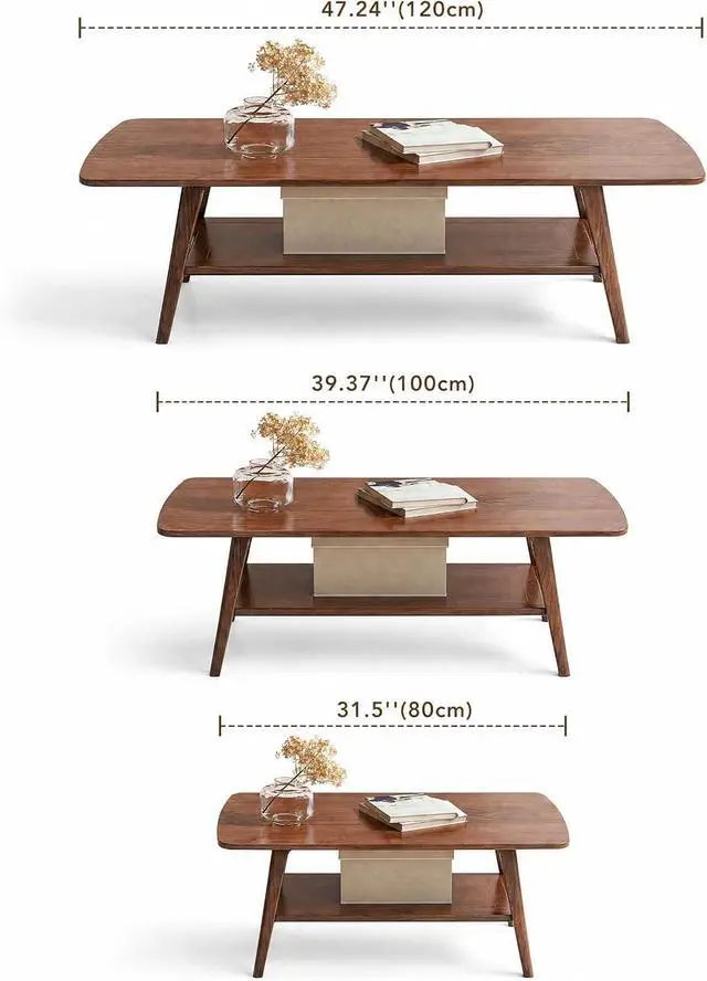 Alt view image 6 of 7 - 100% Solid Wood Coffee Table for Living Room, 39.37" Mid Century Modern Tables with Shelf Storage, 2-Tier Coffee Table with Rounded Corners (Oak Wood Walnut Color, 39.37" L)