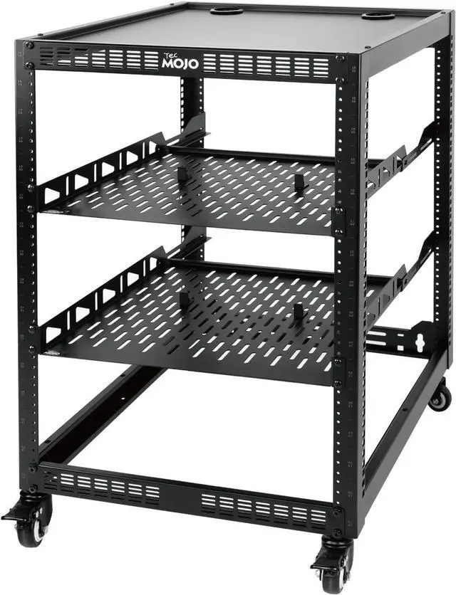Main image of TECMOJO 16U Open Frame Network Rack for IT &AV Gear, AV Rack 4-Post with casters, Mobile 16U Rack with 2 PCS 1U Server Rack Shelf & Mounting Hardware, for 19" Network,Audio and Video Device