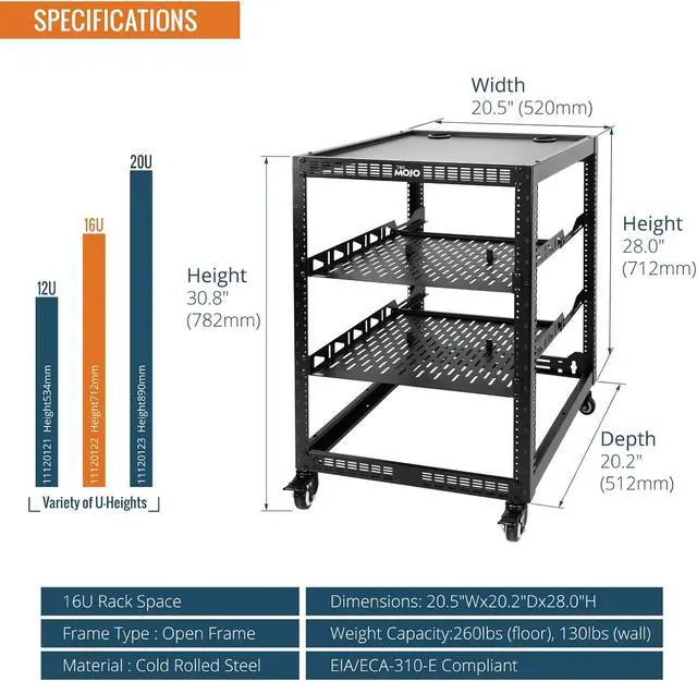 Alt view image 2 of 6 - TECMOJO 16U Open Frame Network Rack for IT &AV Gear, AV Rack 4-Post with casters, Mobile 16U Rack with 2 PCS 1U Server Rack Shelf & Mounting Hardware, for 19" Network,Audio and Video Device