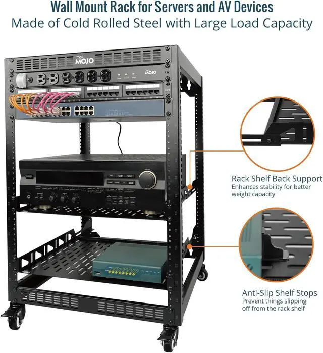 Alt view image 3 of 6 - TECMOJO 16U Open Frame Network Rack for IT &AV Gear, AV Rack 4-Post with casters, Mobile 16U Rack with 2 PCS 1U Server Rack Shelf & Mounting Hardware, for 19" Network,Audio and Video Device