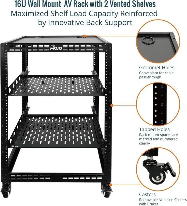 Alt view image 4 of 6 - TECMOJO 16U Open Frame Network Rack for IT &AV Gear, AV Rack 4-Post with casters, Mobile 16U Rack with 2 PCS 1U Server Rack Shelf & Mounting Hardware, for 19" Network,Audio and Video Device