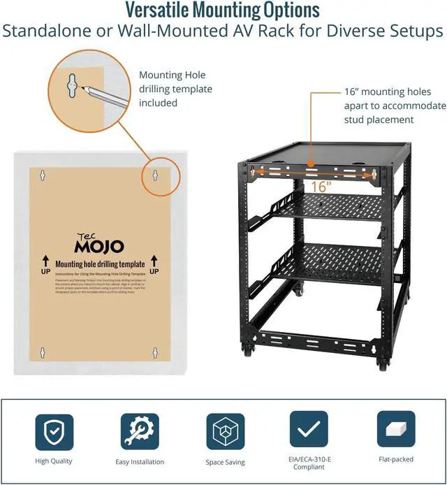 Alt view image 5 of 6 - TECMOJO 16U Open Frame Network Rack for IT &AV Gear, AV Rack 4-Post with casters, Mobile 16U Rack with 2 PCS 1U Server Rack Shelf & Mounting Hardware, for 19" Network,Audio and Video Device