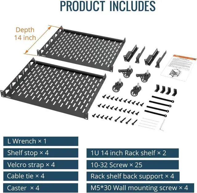 Alt view image 6 of 6 - TECMOJO 16U Open Frame Network Rack for IT &AV Gear, AV Rack 4-Post with casters, Mobile 16U Rack with 2 PCS 1U Server Rack Shelf & Mounting Hardware, for 19" Network,Audio and Video Device