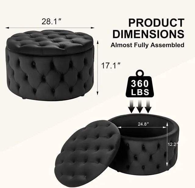 Alt view image 2 of 7 - Homebeez 28 Inch Round Storage Ottoman, Velvet Button Tufted Ottoman, Removable Lid Coffee Table, Upholstered Hidden Storage Footrest Stool for Living Room, Bedroom, Black