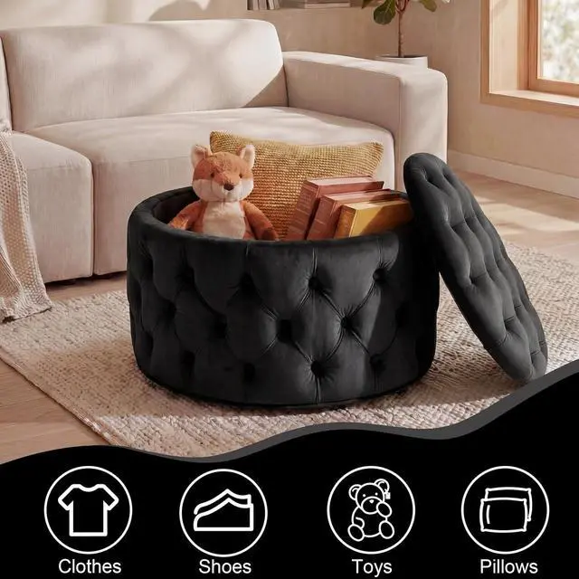 Alt view image 3 of 7 - Homebeez 28 Inch Round Storage Ottoman, Velvet Button Tufted Ottoman, Removable Lid Coffee Table, Upholstered Hidden Storage Footrest Stool for Living Room, Bedroom, Black