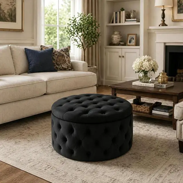 Alt view image 4 of 7 - Homebeez 28 Inch Round Storage Ottoman, Velvet Button Tufted Ottoman, Removable Lid Coffee Table, Upholstered Hidden Storage Footrest Stool for Living Room, Bedroom, Black