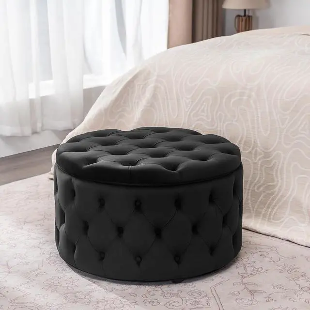Alt view image 5 of 7 - Homebeez 28 Inch Round Storage Ottoman, Velvet Button Tufted Ottoman, Removable Lid Coffee Table, Upholstered Hidden Storage Footrest Stool for Living Room, Bedroom, Black