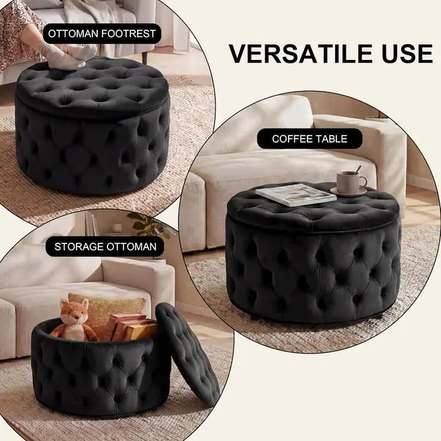 Alt view image 6 of 7 - Homebeez 28 Inch Round Storage Ottoman, Velvet Button Tufted Ottoman, Removable Lid Coffee Table, Upholstered Hidden Storage Footrest Stool for Living Room, Bedroom, Black