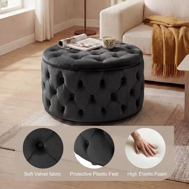 Alt view image 7 of 7 - Homebeez 28 Inch Round Storage Ottoman, Velvet Button Tufted Ottoman, Removable Lid Coffee Table, Upholstered Hidden Storage Footrest Stool for Living Room, Bedroom, Black