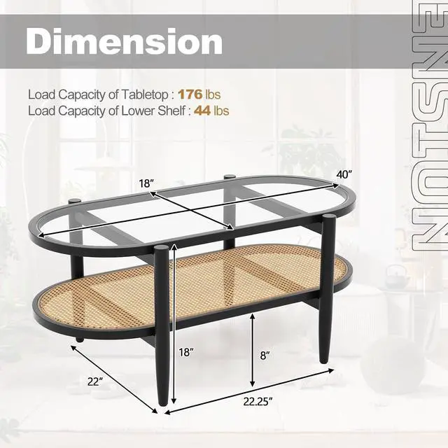 Alt view image 2 of 7 - GIANTEX Rattan Coffee Table, 40" Wood Oval Center Table, Black
