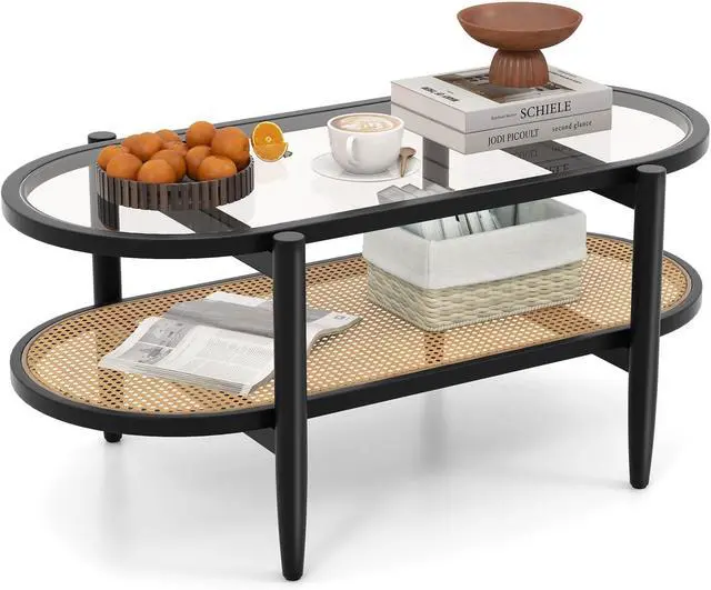 Alt view image 3 of 7 - GIANTEX Rattan Coffee Table, 40" Wood Oval Center Table, Black