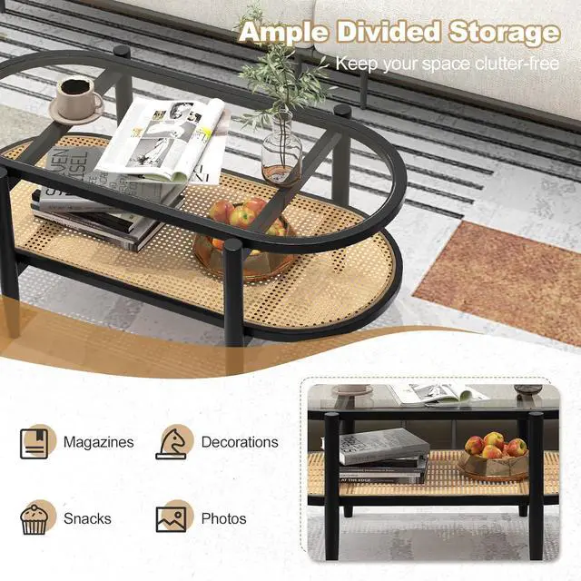 Alt view image 4 of 7 - GIANTEX Rattan Coffee Table, 40" Wood Oval Center Table, Black