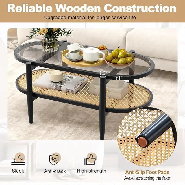 Alt view image 5 of 7 - GIANTEX Rattan Coffee Table, 40" Wood Oval Center Table, Black