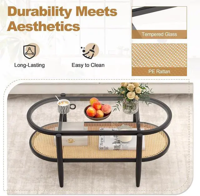 Alt view image 6 of 7 - GIANTEX Rattan Coffee Table, 40" Wood Oval Center Table, Black