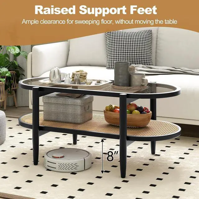 Alt view image 7 of 7 - GIANTEX Rattan Coffee Table, 40" Wood Oval Center Table, Black