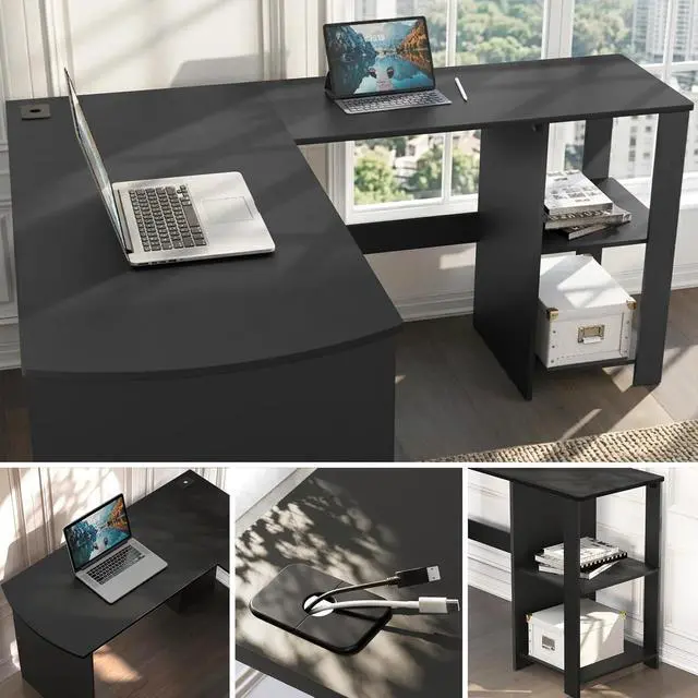 Alt view image 4 of 7 - SHW 51 x 51 L-Shaped Home Office Wood Corner Desk with Storage, Black