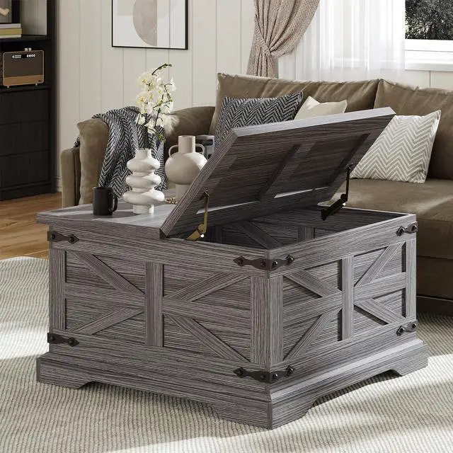 Main image of VVFLU Farmhouse Coffee Table with Storage, Square Center Table for Living Room, Rustic, Hinged Lift Top Soft Close, Wood, Large Hidden Storage, Modern, Metal Corner, Grey