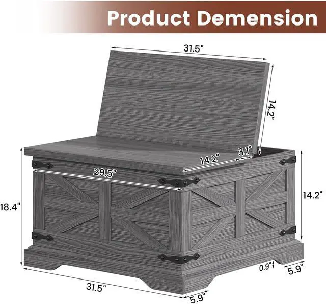 Alt view image 2 of 7 - VVFLU Farmhouse Coffee Table with Storage, Square Center Table for Living Room, Rustic, Hinged Lift Top Soft Close, Wood, Large Hidden Storage, Modern, Metal Corner, Grey