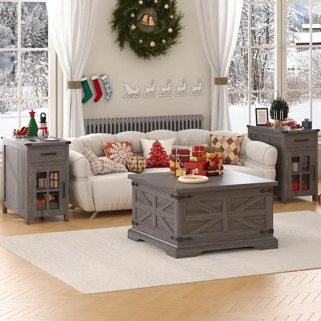 Alt view image 3 of 7 - VVFLU Farmhouse Coffee Table with Storage, Square Center Table for Living Room, Rustic, Hinged Lift Top Soft Close, Wood, Large Hidden Storage, Modern, Metal Corner, Grey