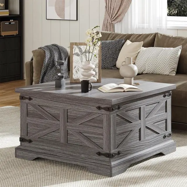 Alt view image 5 of 7 - VVFLU Farmhouse Coffee Table with Storage, Square Center Table for Living Room, Rustic, Hinged Lift Top Soft Close, Wood, Large Hidden Storage, Modern, Metal Corner, Grey