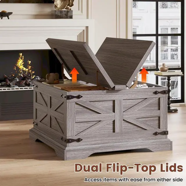 Alt view image 7 of 7 - VVFLU Farmhouse Coffee Table with Storage, Square Center Table for Living Room, Rustic, Hinged Lift Top Soft Close, Wood, Large Hidden Storage, Modern, Metal Corner, Grey