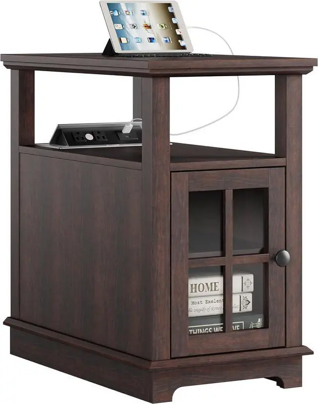 Main image of HIFYOBRO Narrow End Table with Charging Station, Flip Top Design, Type-C & USB Ports & Outlets, Adjustable Shelf for Storage in Living Room, Bedroom, Home Office