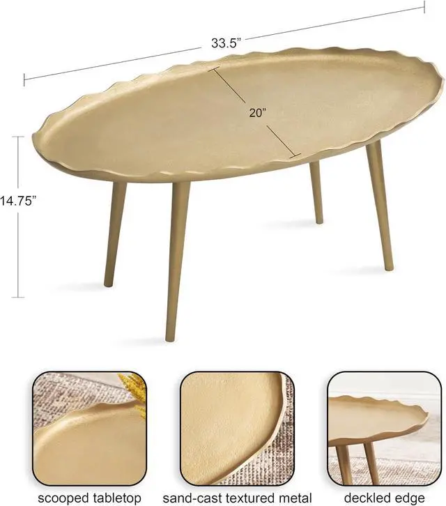 Alt view image 3 of 7 - Kate and Laurel Alessia Modern Glam Oval Coffee Table; 34 x 20 x 15; Gold; Metal Living Room Table for Storage and Display with Antique Deckled Edge Detailing
