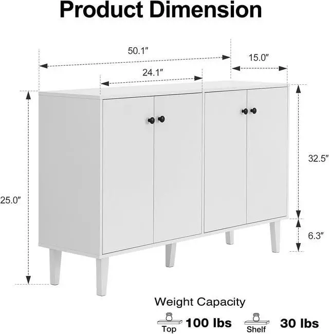 Alt view image 3 of 7 - Panana Sideboard Buffet Cabinet Kitchen Storage Cabinet Living Room 4 Doors Console Table (White)