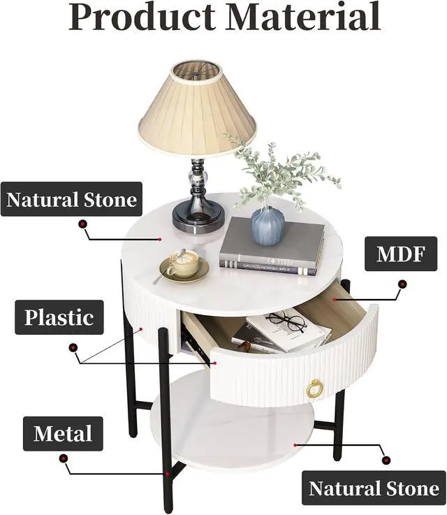 Alt view image 6 of 7 - OIOG 2 Tier Nightstand, Bedside Table with Drawer, Sintered Stone/White