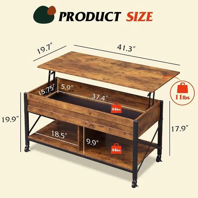 Alt view image 3 of 7 - WLIVE Coffee Table Rustic Brown, 41.3" Lift Top Coffee Table with 4 Wheels