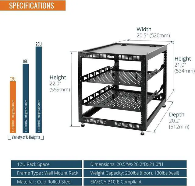 Alt view image 2 of 6 - Tecmojo 12U Open Frame Network Rack for IT & AV Gear, AV Rack Floor Standing or Wall Mounted,with 2 PCS 1U Rack Shelves & Mounting Hardware,Network Rack for 19" Networking,Audio and Video Device