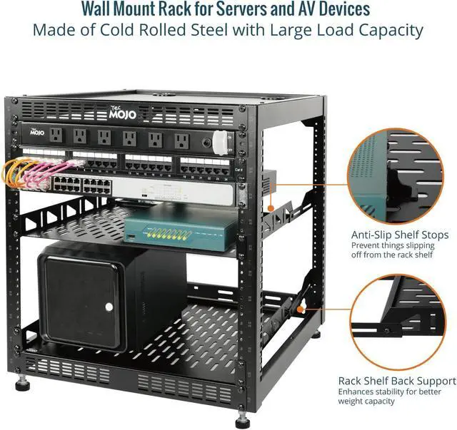 Alt view image 3 of 6 - Tecmojo 12U Open Frame Network Rack for IT & AV Gear, AV Rack Floor Standing or Wall Mounted,with 2 PCS 1U Rack Shelves & Mounting Hardware,Network Rack for 19" Networking,Audio and Video Device