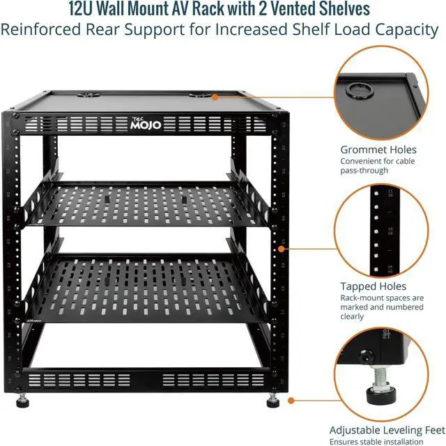 Alt view image 4 of 6 - Tecmojo 12U Open Frame Network Rack for IT & AV Gear, AV Rack Floor Standing or Wall Mounted,with 2 PCS 1U Rack Shelves & Mounting Hardware,Network Rack for 19" Networking,Audio and Video Device