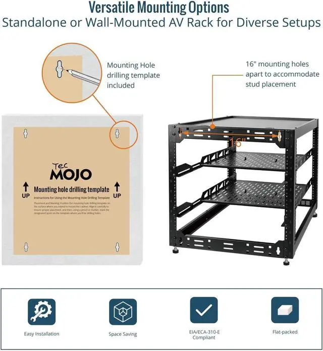 Alt view image 5 of 6 - Tecmojo 12U Open Frame Network Rack for IT & AV Gear, AV Rack Floor Standing or Wall Mounted,with 2 PCS 1U Rack Shelves & Mounting Hardware,Network Rack for 19" Networking,Audio and Video Device