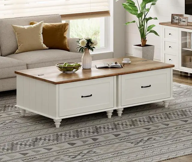 Main image of WAMPAT Farmhouse Coffee Table with Storage, Set of 2 Square Coffee Table with Lift Top & Drawers for Living Room, Wooden Center Table for Home & Office, White