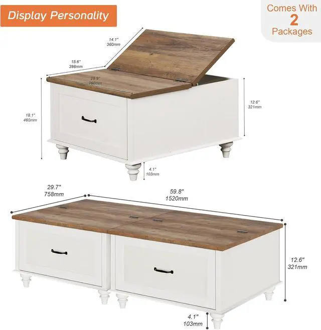 Alt view image 2 of 7 - WAMPAT Farmhouse Coffee Table with Storage, Set of 2 Square Coffee Table with Lift Top & Drawers for Living Room, Wooden Center Table for Home & Office, White
