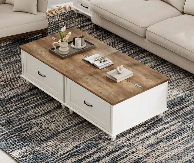 Alt view image 3 of 7 - WAMPAT Farmhouse Coffee Table with Storage, Set of 2 Square Coffee Table with Lift Top & Drawers for Living Room, Wooden Center Table for Home & Office, White