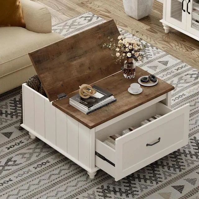 Alt view image 4 of 7 - WAMPAT Farmhouse Coffee Table with Storage, Set of 2 Square Coffee Table with Lift Top & Drawers for Living Room, Wooden Center Table for Home & Office, White