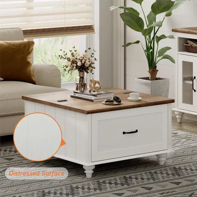 Alt view image 5 of 7 - WAMPAT Farmhouse Coffee Table with Storage, Set of 2 Square Coffee Table with Lift Top & Drawers for Living Room, Wooden Center Table for Home & Office, White