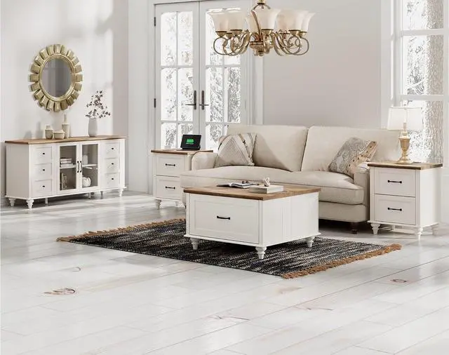 Alt view image 7 of 7 - WAMPAT Farmhouse Coffee Table with Storage, Set of 2 Square Coffee Table with Lift Top & Drawers for Living Room, Wooden Center Table for Home & Office, White