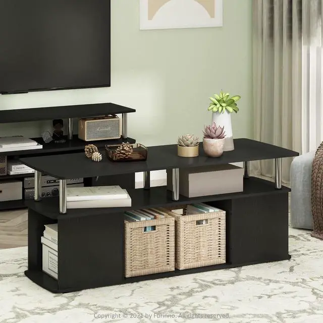 Alt view image 2 of 6 - Furinno Jaya TV Stand, 3-Tier Entertainment Center with Open Shelf, TV Console for TV up to 50 Inch with Side Storage Compartments, for Living Room, Bedroom, Americano/Stainless Steel
