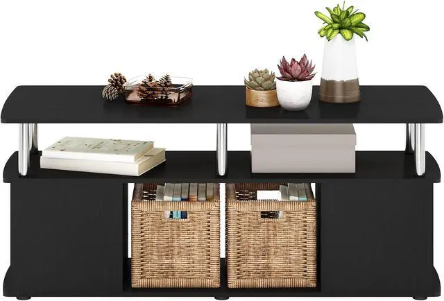 Alt view image 3 of 6 - Furinno Jaya TV Stand, 3-Tier Entertainment Center with Open Shelf, TV Console for TV up to 50 Inch with Side Storage Compartments, for Living Room, Bedroom, Americano/Stainless Steel