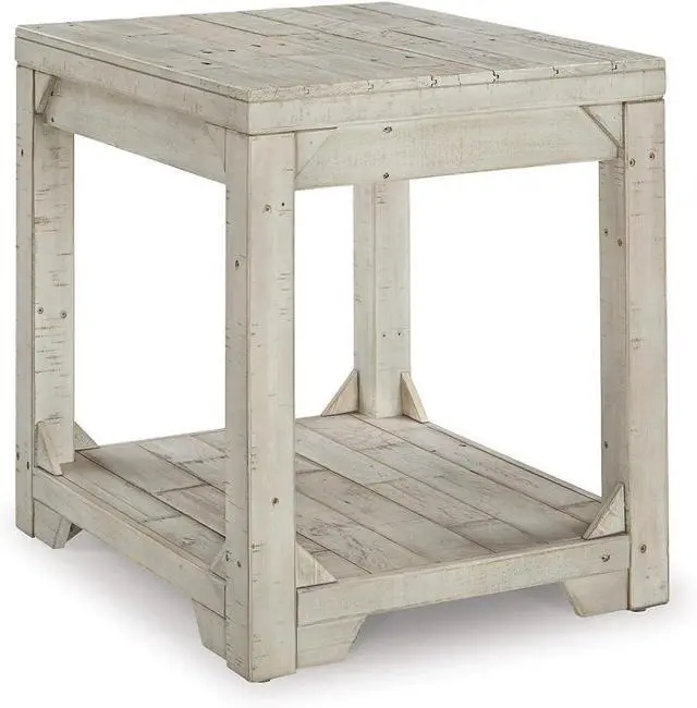 Main image of Signature Design by Ashley Fregine Farmhouse Rectangular End Table with Lower Open Shelf, Triangle Bracket Accents, Wood, 25.25" High, Weathered White