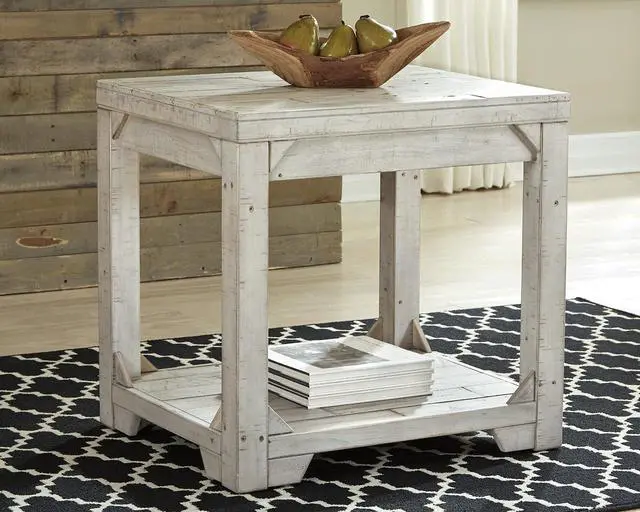 Alt view image 2 of 7 - Signature Design by Ashley Fregine Farmhouse Rectangular End Table with Lower Open Shelf, Triangle Bracket Accents, Wood, 25.25" High, Weathered White