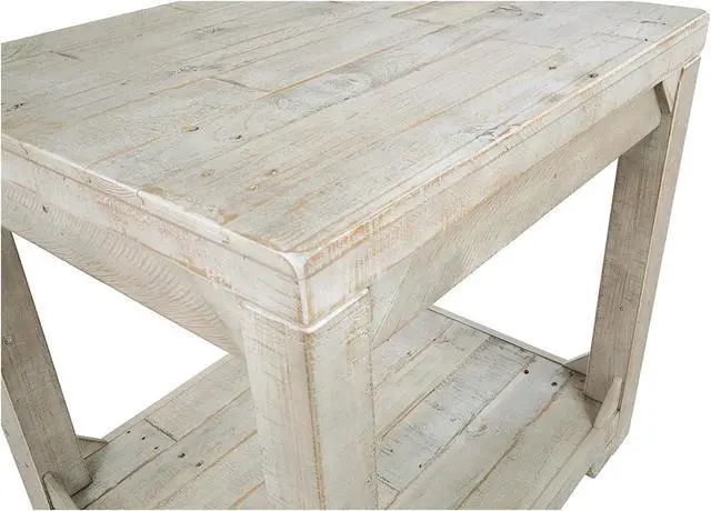 Alt view image 7 of 7 - Signature Design by Ashley Fregine Farmhouse Rectangular End Table with Lower Open Shelf, Triangle Bracket Accents, Wood, 25.25" High, Weathered White