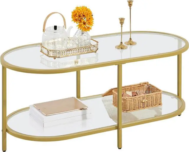 Main image of Yaheetech 42" Oval Glass Coffee Table with Storage for Living Room, Gold