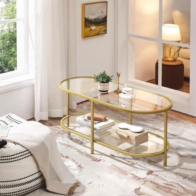 Alt view image 2 of 7 - Yaheetech 42" Oval Glass Coffee Table with Storage for Living Room, Gold